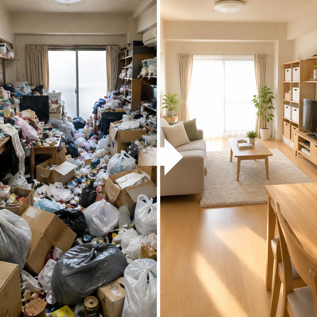 ゴミ屋敷の片付けから、暮らしやすい収納まで。ベンケイが迅速対応で、心地よい空間を取り戻します。